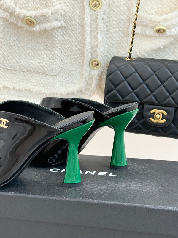 CC 26P Double C Color-Block Square-Toe Mule Slippers Patent Calfskin 841995