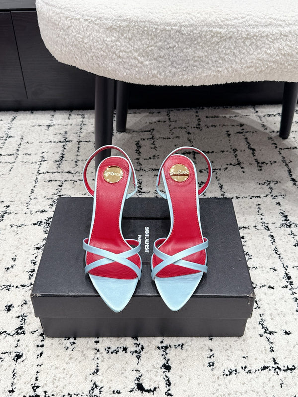 YSL Kirat Cross-Strap Stiletto Sandals 9.5cm Red Blue Cowhide Leather 847158
