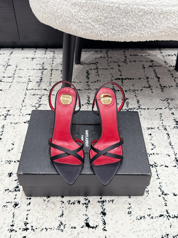 YSL Kirat Cross-Strap Stiletto Sandals 9.5cm Red Black Cowhide Leather 847154
