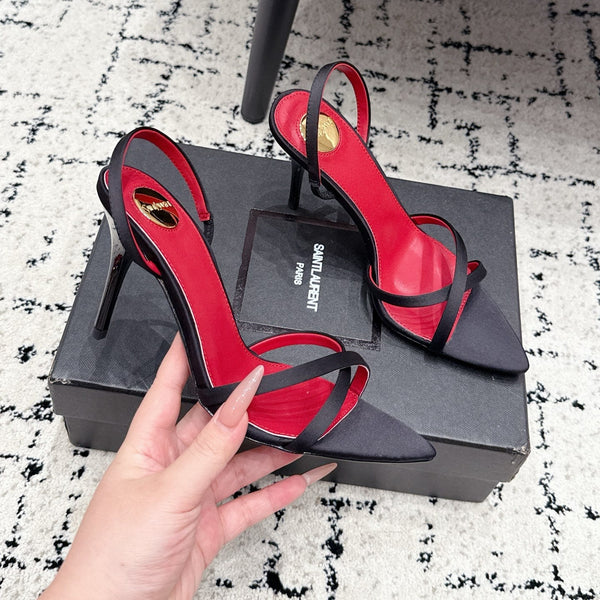 YSL Kirat Cross-Strap Stiletto Sandals 9.5cm Red Black Cowhide Leather 847154