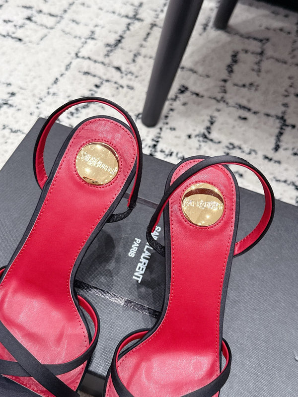 YSL Kirat Cross-Strap Stiletto Sandals 9.5cm Red Black Cowhide Leather 847154