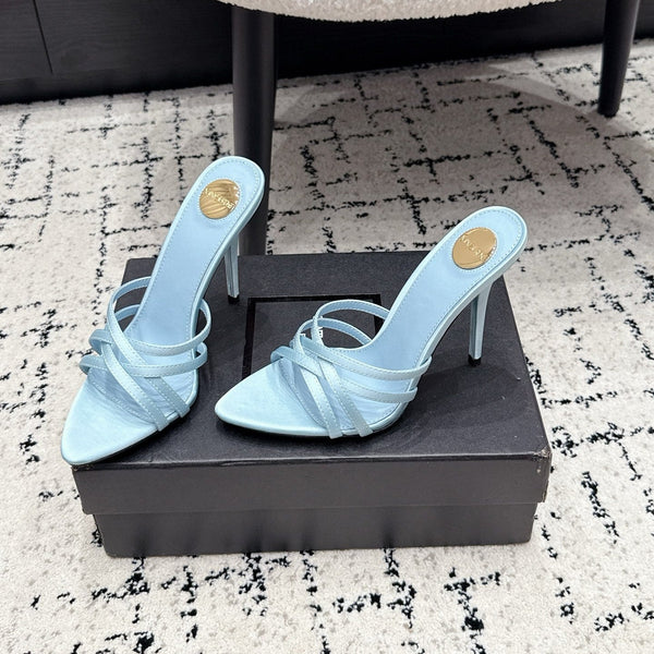 YSL Kirat Cross-Strap Stiletto Mules 10.5cm Blue Cowhide Leather 847151
