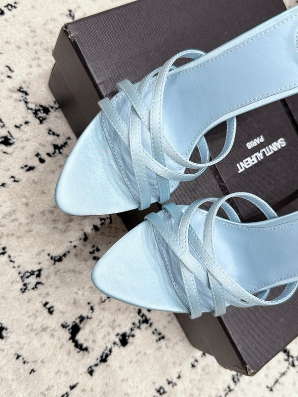 YSL Kirat Cross-Strap Stiletto Mules 10.5cm Blue Cowhide Leather 847151