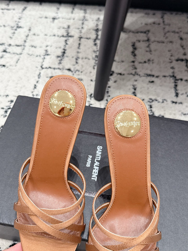YSL Kirat Cross-Strap Stiletto Mules 10.5cm Light Brown Cowhide Leather 847150