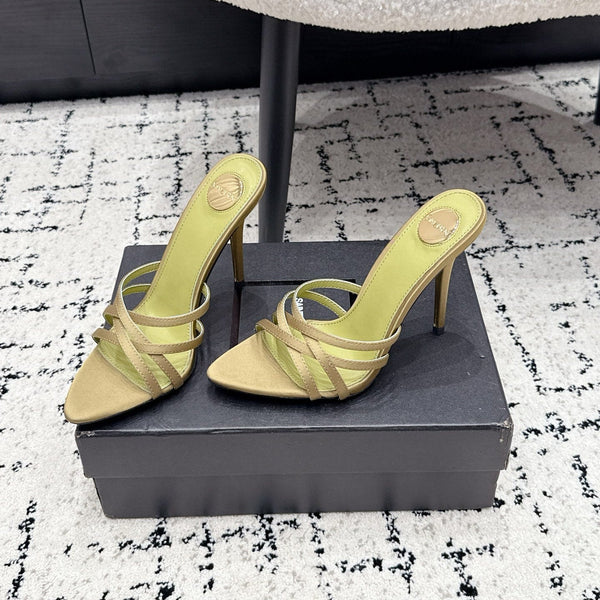 YSL Kirat Cross-Strap Stiletto Mules 10.5cm Light Olive Cowhide Leather 847147