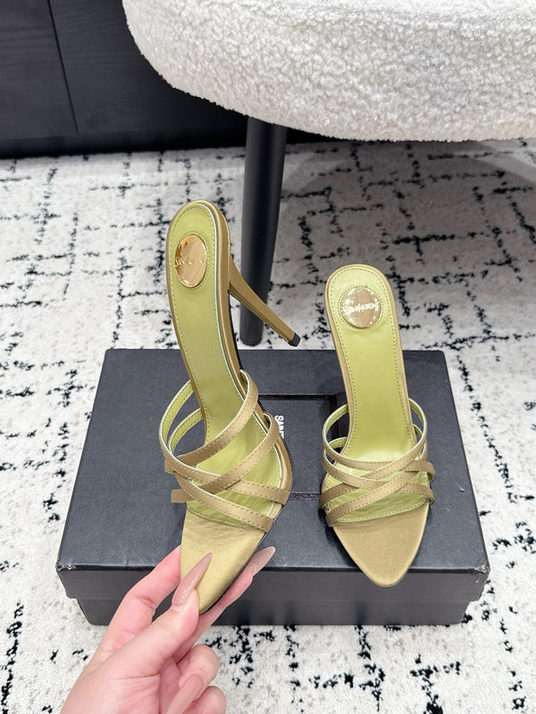 YSL Kirat Cross-Strap Stiletto Mules 10.5cm Light Olive Cowhide Leather 847147