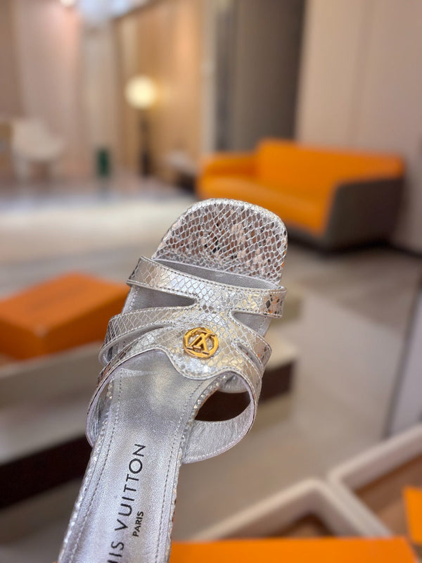 LV Isola Mule 9.5cm Silver Metallic Calfskin Leather 844384