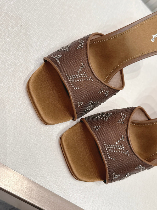 LV Gala Mules 9.5cm Brown Rhinestone Mesh 844227