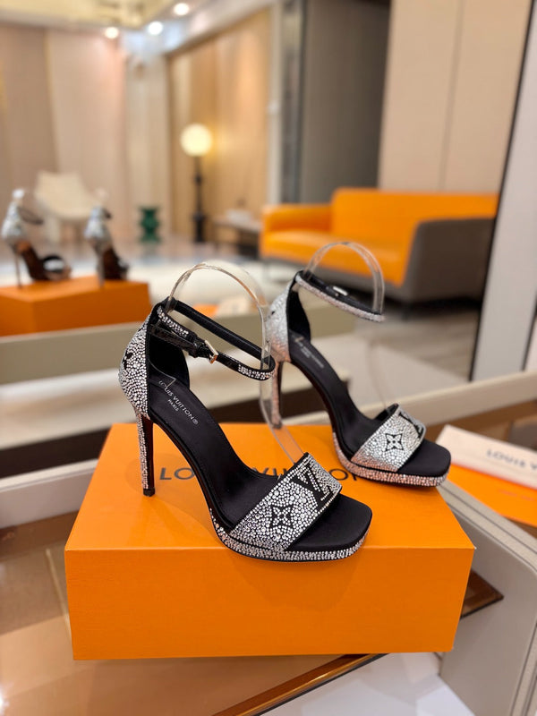 LV Sandals 11cm Black Silk Rhinestone 844393