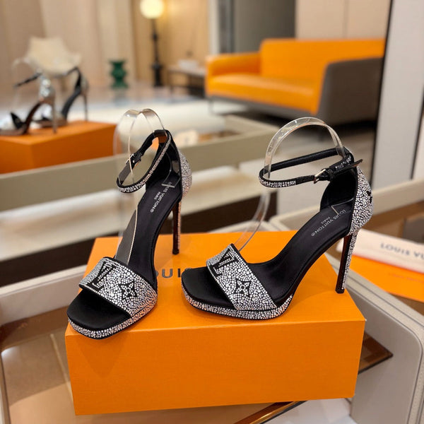 LV Sandals 11cm Black Silk Rhinestone 844393