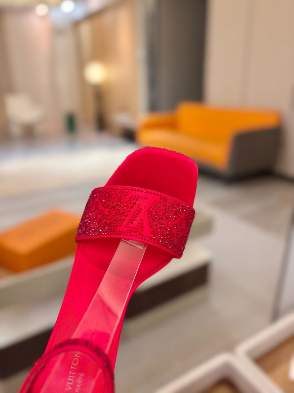 LV Sandals 11cm Red Silk Rhinestone 844391
