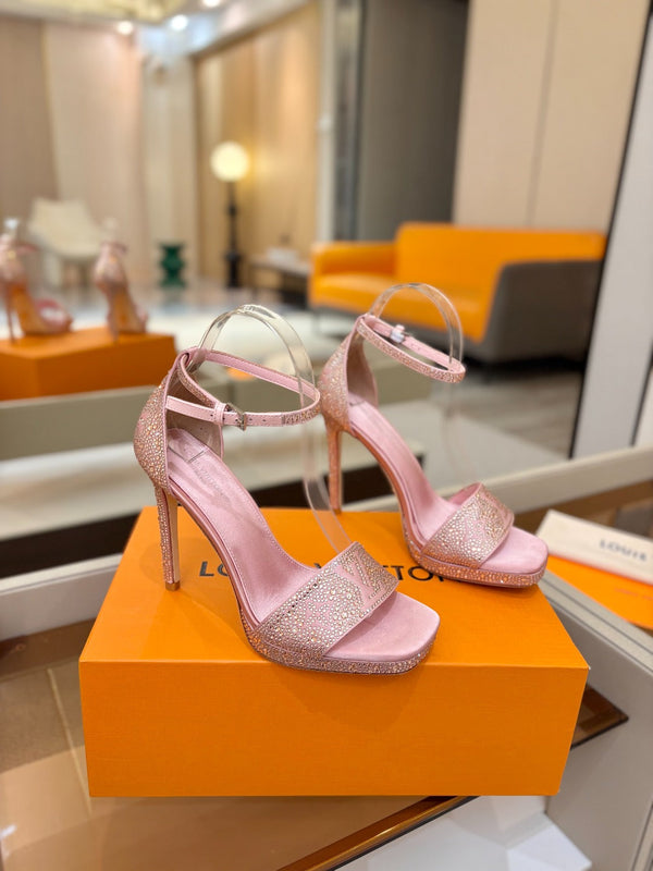 LV Sandals 11cm Pink Silk Rhinestone 844390