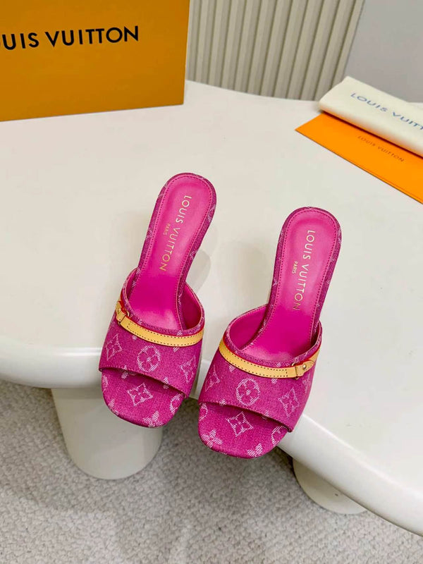 LV Monogram Kitten Heel Mule Sandals 10cm Canvas Leather 840357