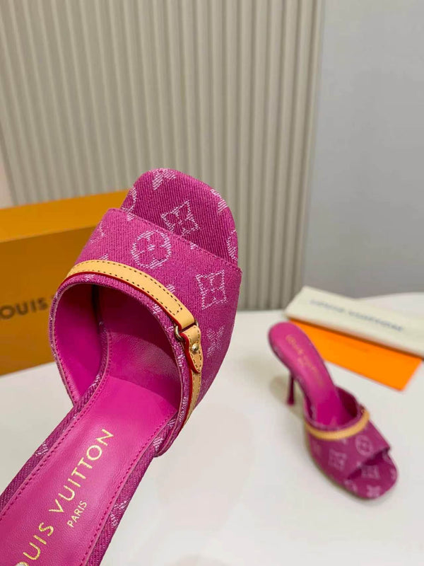 LV Monogram Kitten Heel Mule Sandals 10cm Canvas Leather 840357