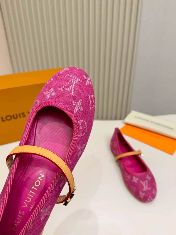 LV Monogram Kitten Ballet Flats Pink Canvas Leather 840354