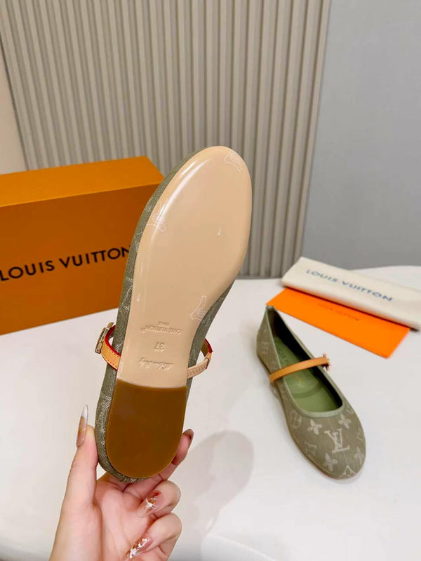 LV Monogram Kitten Ballet Flats Olive Canvas Leather 840353