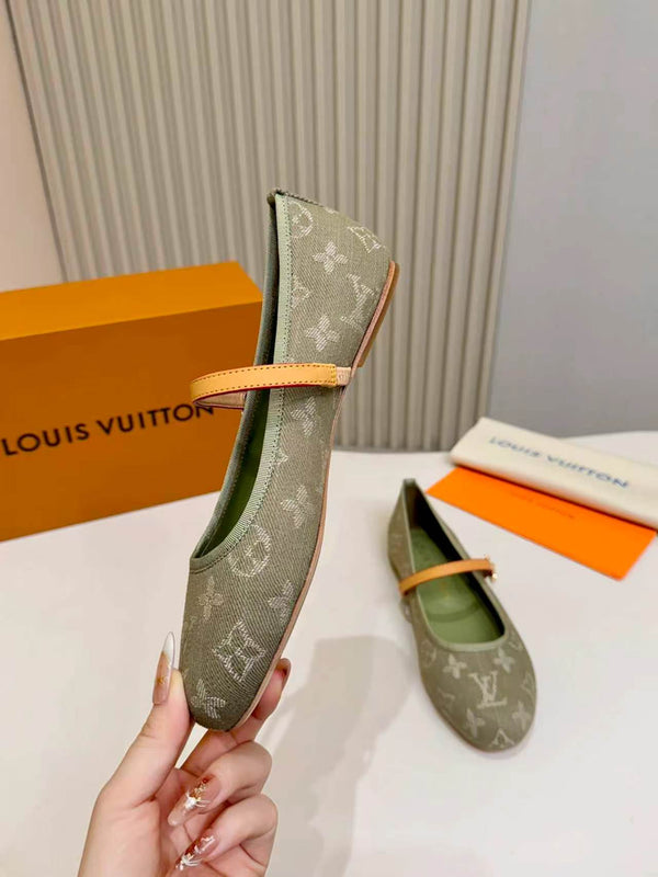 LV Monogram Kitten Ballet Flats Olive Canvas Leather 840353