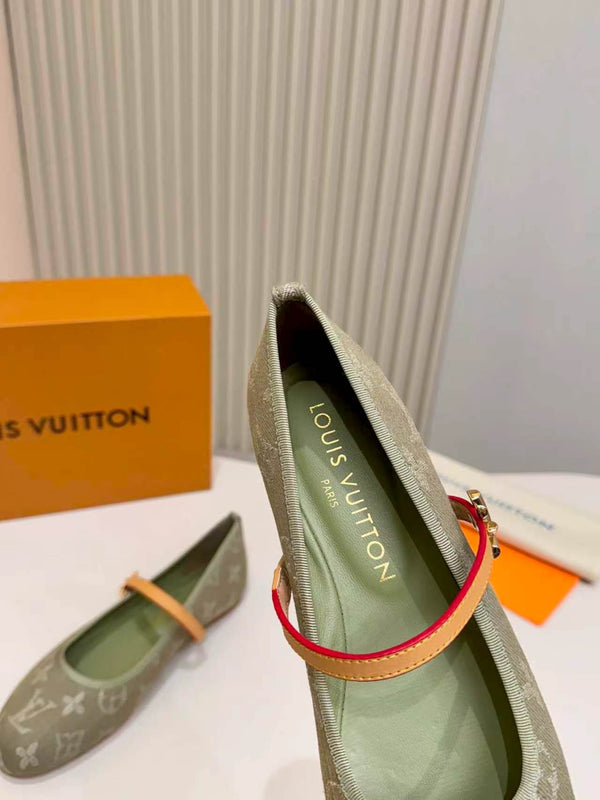 LV Monogram Kitten Ballet Flats Olive Canvas Leather 840353