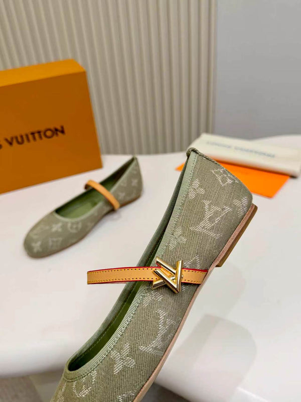 LV Monogram Kitten Ballet Flats Olive Canvas Leather 840353