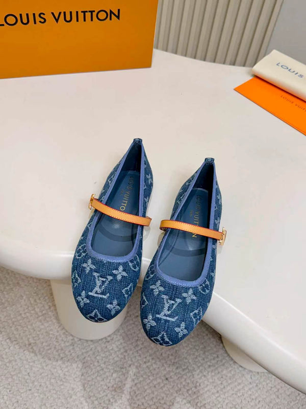 LV Monogram Kitten Ballet Flats Blue Canvas Leather 840352
