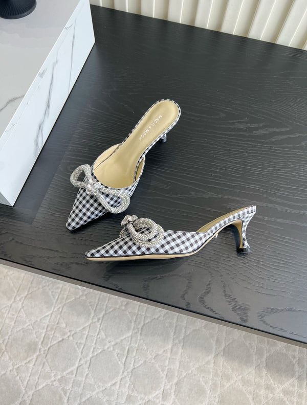 Mach Gingham Bow Slingback Pumps Black White Fabric 851908