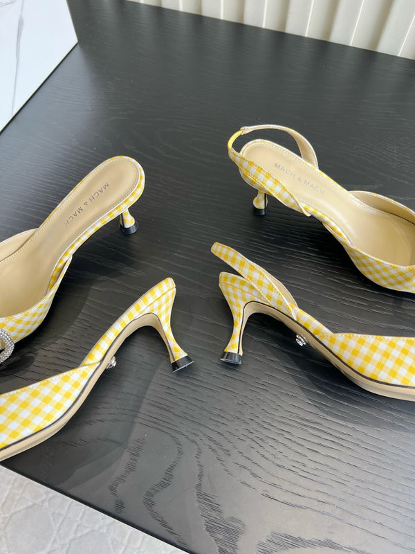 Mach Gingham Bow Slingback Pumps Yellow White Fabric 851907