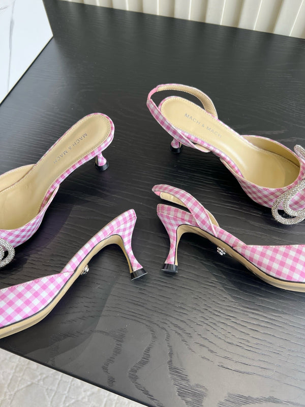 Mach Gingham Bow Slingback Pumps Pink White Fabric 851906