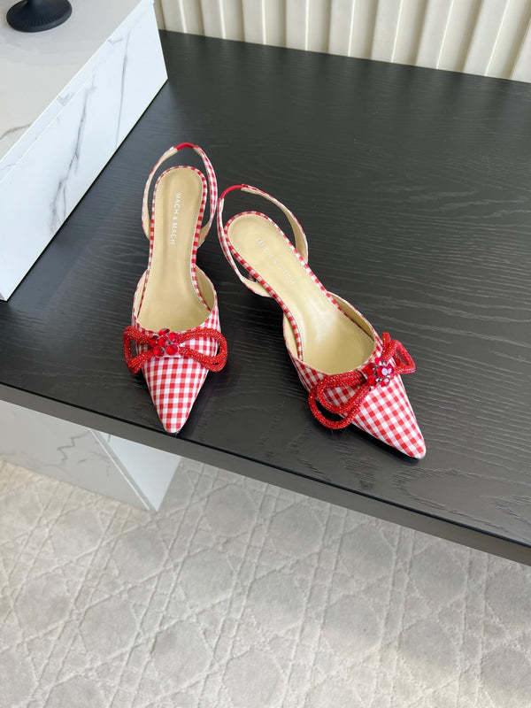 Mach Gingham Bow Slingback Pumps Red White Fabric 851905