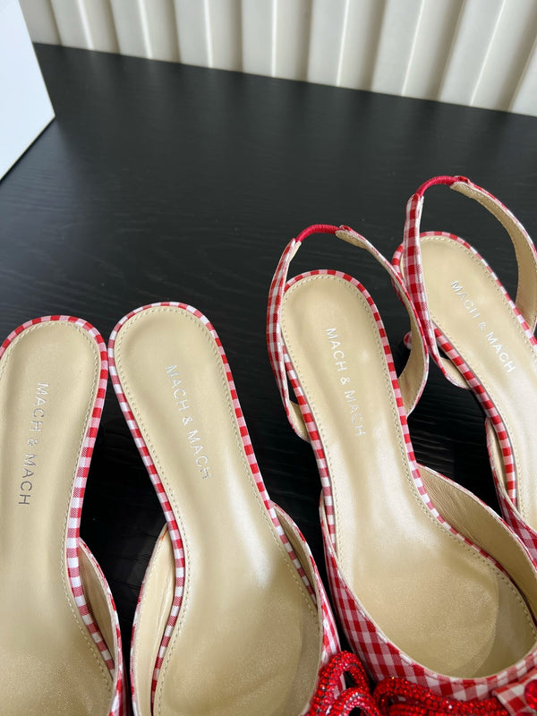 Mach Gingham Bow Slingback Pumps Red White Fabric 851905
