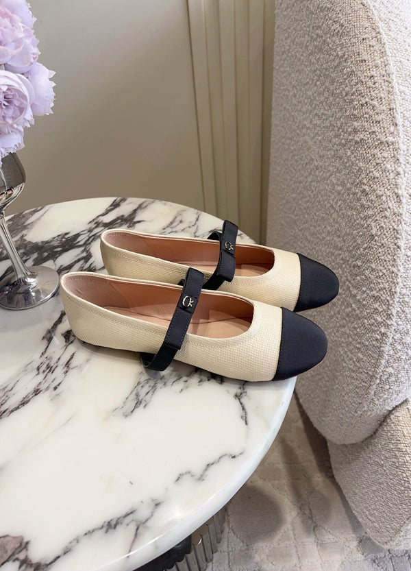 GR Mary Jane Flats Black Beige Lambskin & Fabric 851886