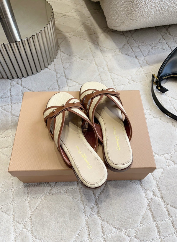 GR Paros Studded Flat Sandals Brown Cowhide & Fabric 851843