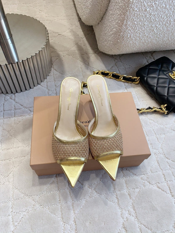 GR Pointed-Toe Mule Sandals 8.5cm Gold Metallic Cowhide & Mesh 854879