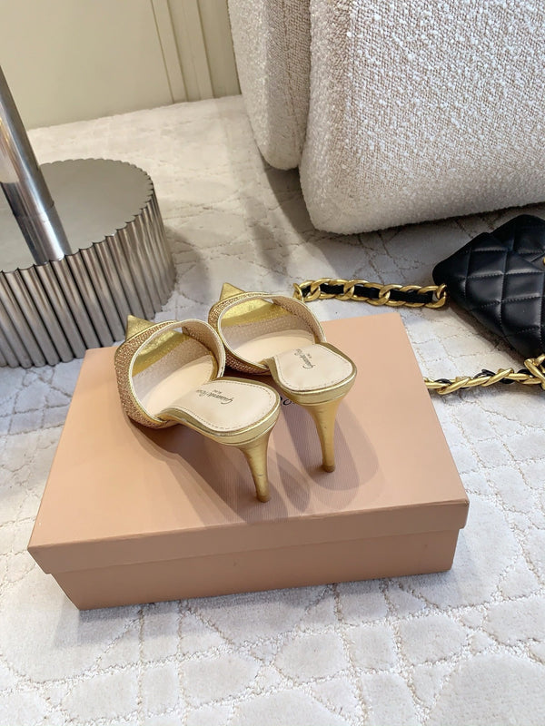 GR Pointed-Toe Mule Sandals 8.5cm Gold Metallic Cowhide & Mesh 854879