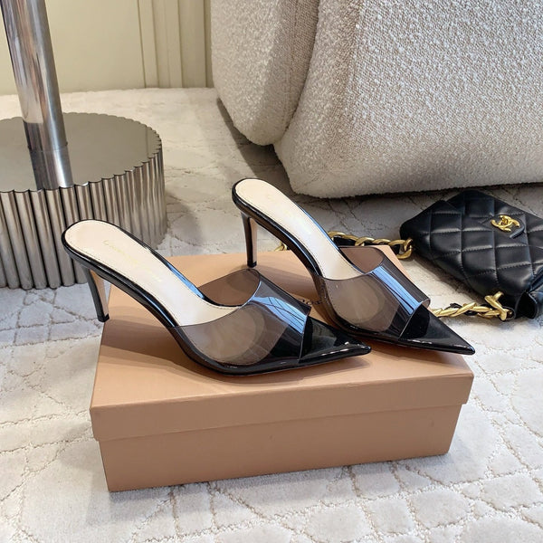 GR Pointed-Toe Mule Sandals 8.5cm Black Patent Cowhide & PVC 854878