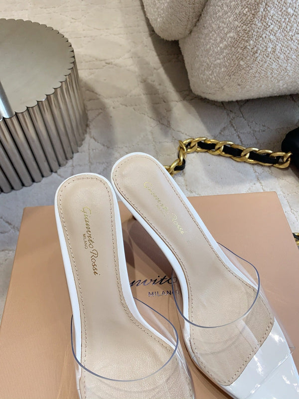 GR Pointed-Toe Mule Sandals 8.5cm White Patent Cowhide & PVC 854877