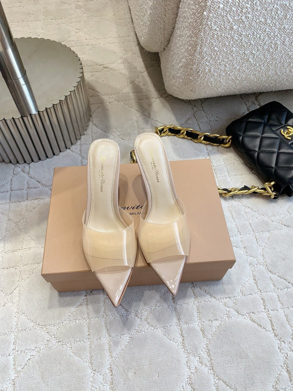 GR Pointed-Toe Mule Sandals 8.5cm Beige Patent Cowhide & PVC 851876