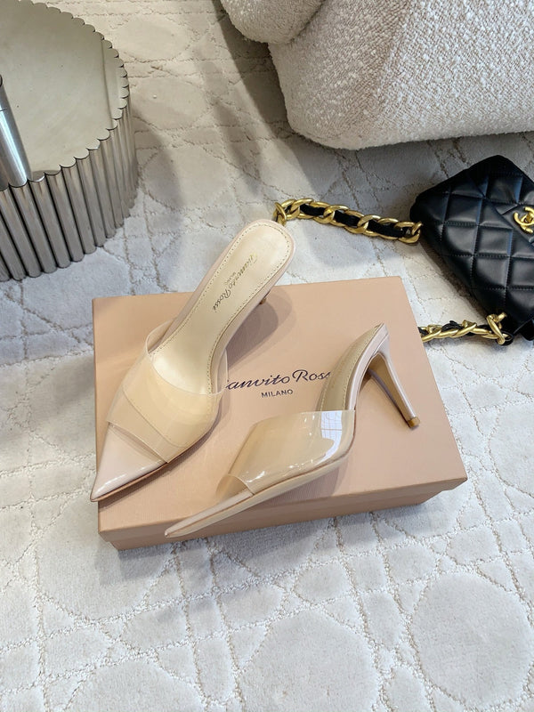 GR Pointed-Toe Mule Sandals 8.5cm Beige Patent Cowhide & PVC 851876