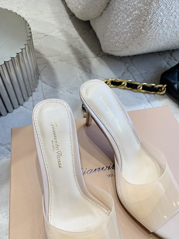 GR Pointed-Toe Mule Sandals 8.5cm Beige Patent Cowhide & PVC 851876