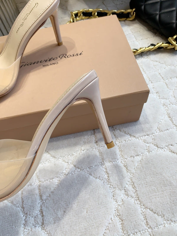 GR Pointed-Toe Mule Sandals 8.5cm Beige Patent Cowhide & PVC 851876