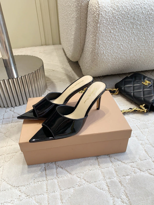 GR Pointed-Toe Mule Sandals 8.5cm Black Patent Cowhide 851874