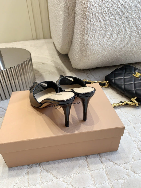 GR Pointed-Toe Mule Sandals 8.5cm Black Patent Cowhide 851874