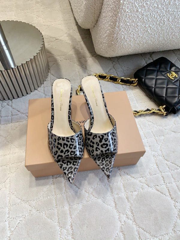 GR Leopard Print Pointed-Toe Mules 8.5cm Grey Patent Cowhide 851872