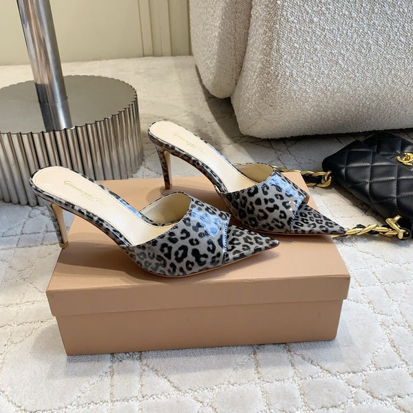 GR Leopard Print Pointed-Toe Mules 8.5cm Grey Patent Cowhide 851872