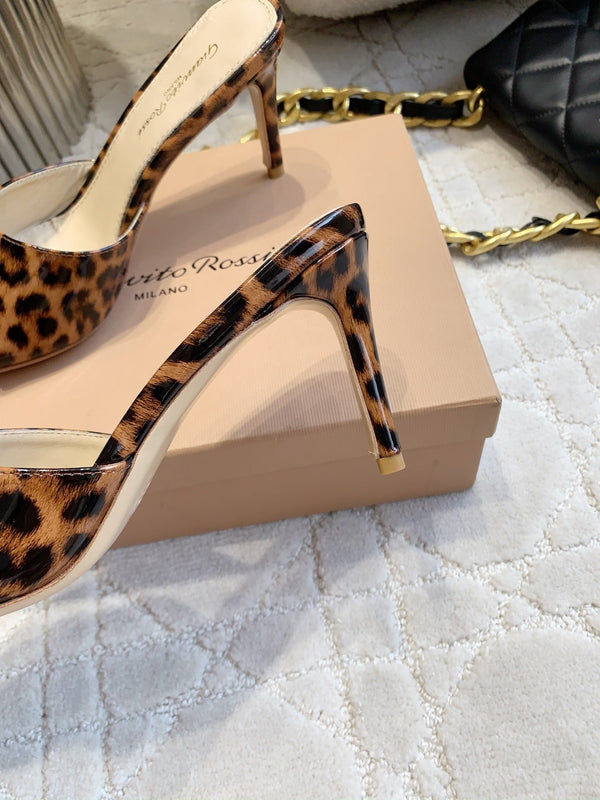 GR Leopard Print Pointed-Toe Mules 8.5cm Brown Patent Cowhide 851870