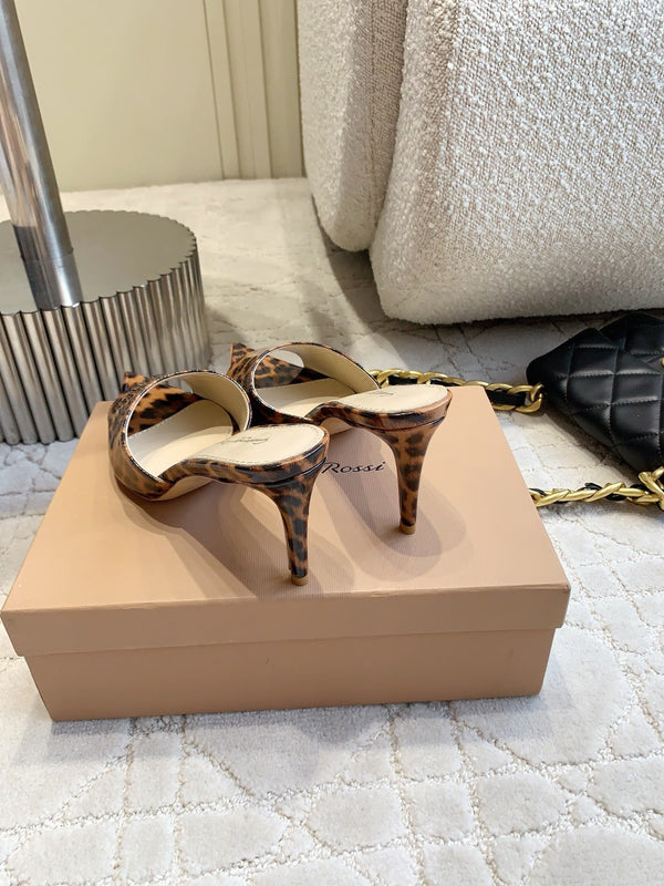 GR Leopard Print Pointed-Toe Mules 8.5cm Brown Patent Cowhide 851870