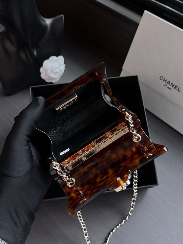 CC 25C Mini Flap Bag 12cm Brown Black Tortoiseshell Acrylic