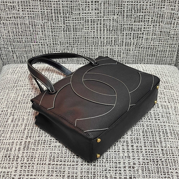 CC Vintage Contrast Stitch Tote Bag 29cm Black Caviar Leather