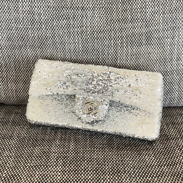 CC Flap Shoulder Bag 24cm Silver White Sequins