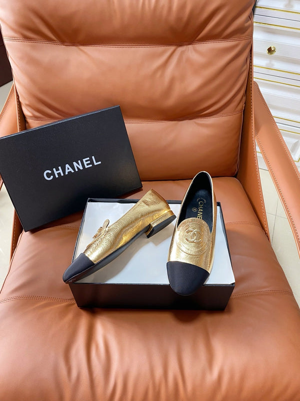 CC 26P Double C Loafers Gold Black Metallic Lambskin & Grosgrain 857974