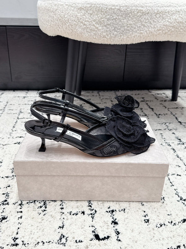 JC Mimmi Slingback Pumps Floral Appliqué 5.5cm Black Lace 858432